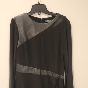 Lauren Ralph Lauren Black Ruched Dress with Leather And Mesh Details, Size 12